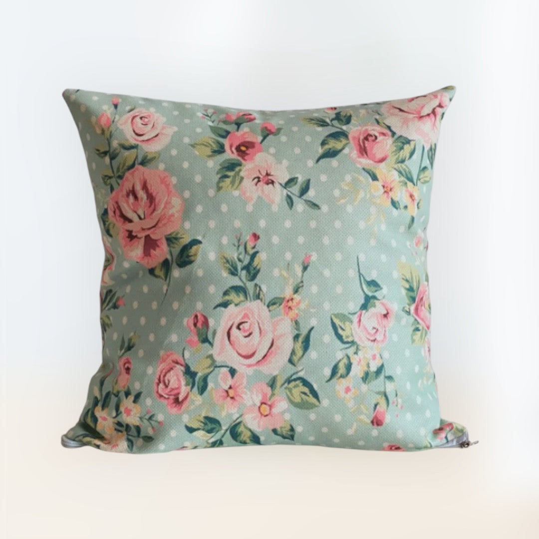 Dotted pink flower cushion cover