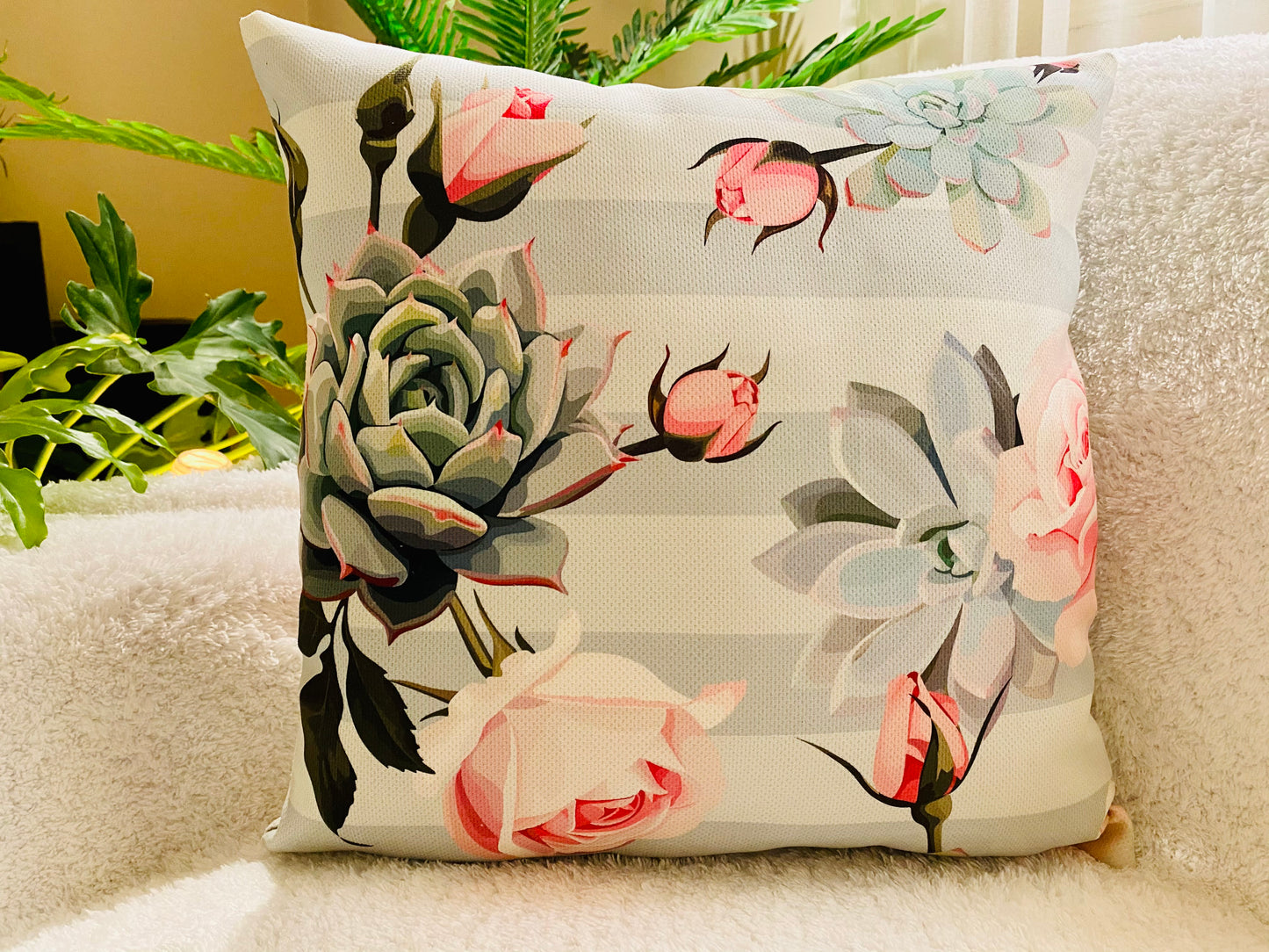 Striped pink flower cushion cover