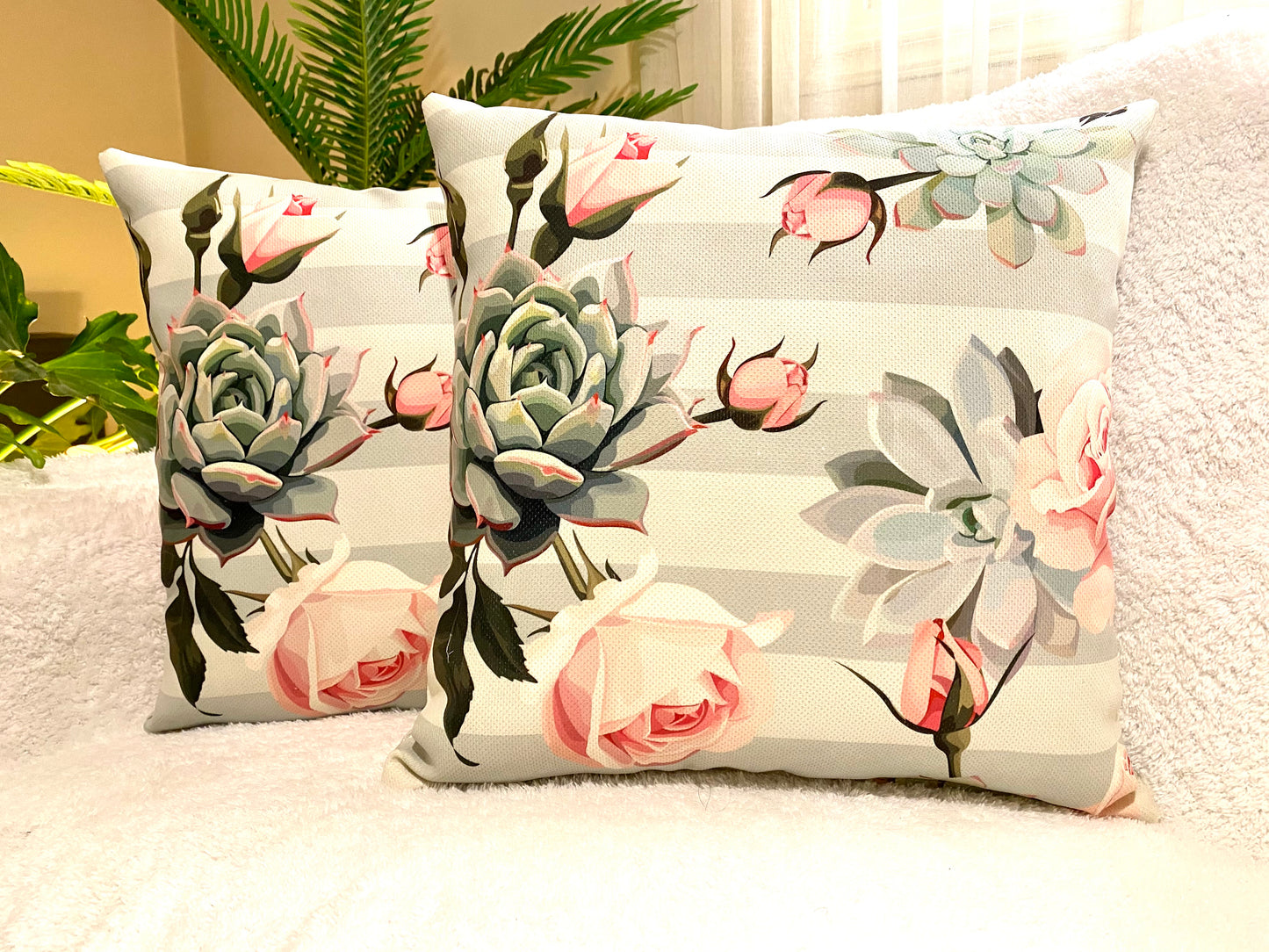 Striped pink flower cushion cover